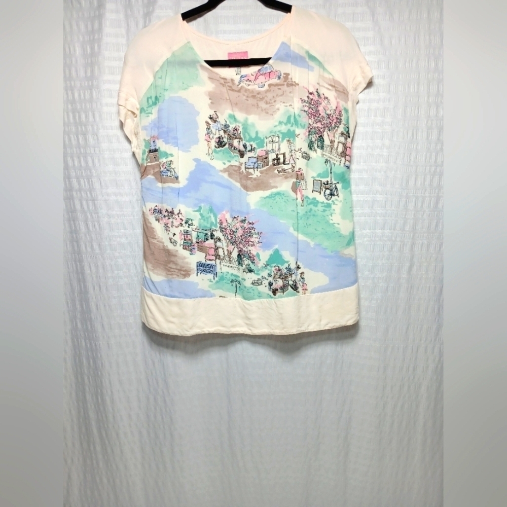 Joules Great Britian Viscose Short Sleeve Shopping Print Blouse. Size 6